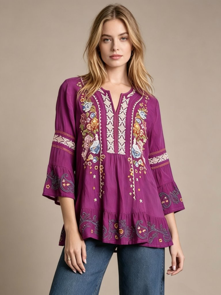 Nwot Johnny Was Embroidered Long Sleeve Purple Ruffles Tunic Blouse Size S